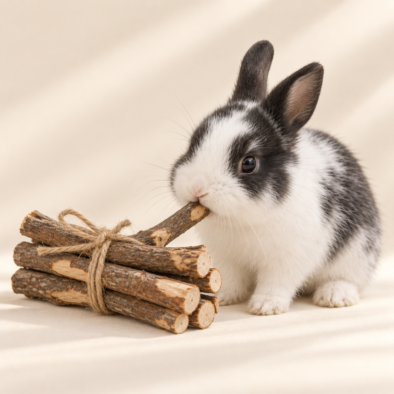 Lapin près d’un ensemble de bâtonnets de pommier à mâcher