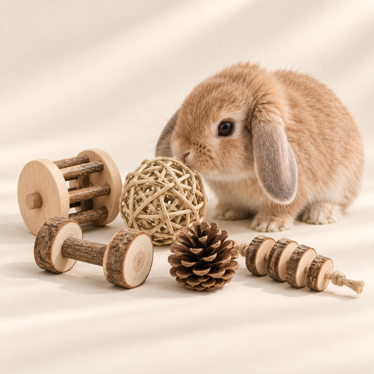 Lapin roux découvrant cinq jouets en bois naturel