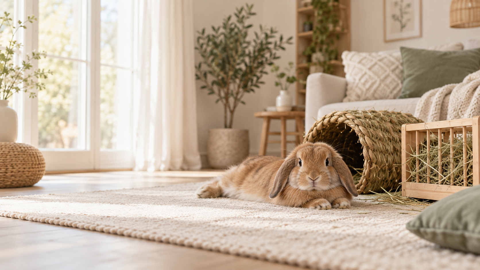 Lapin bélier nain au repos dans un salon lumineux, près de son refuge et de son foin