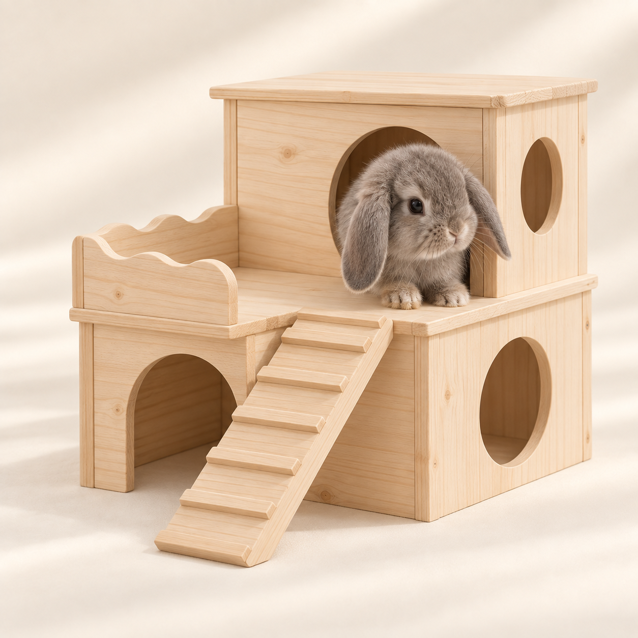 Lapin bélier dans une maison cachette en bois à deux étages