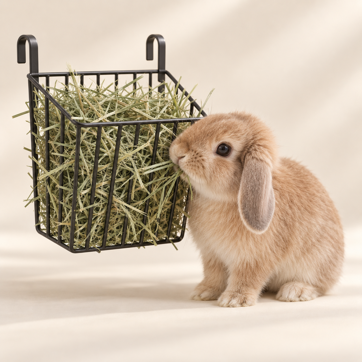 Râtelier métallique suspendu rempli de foin, près d’un lapin nain