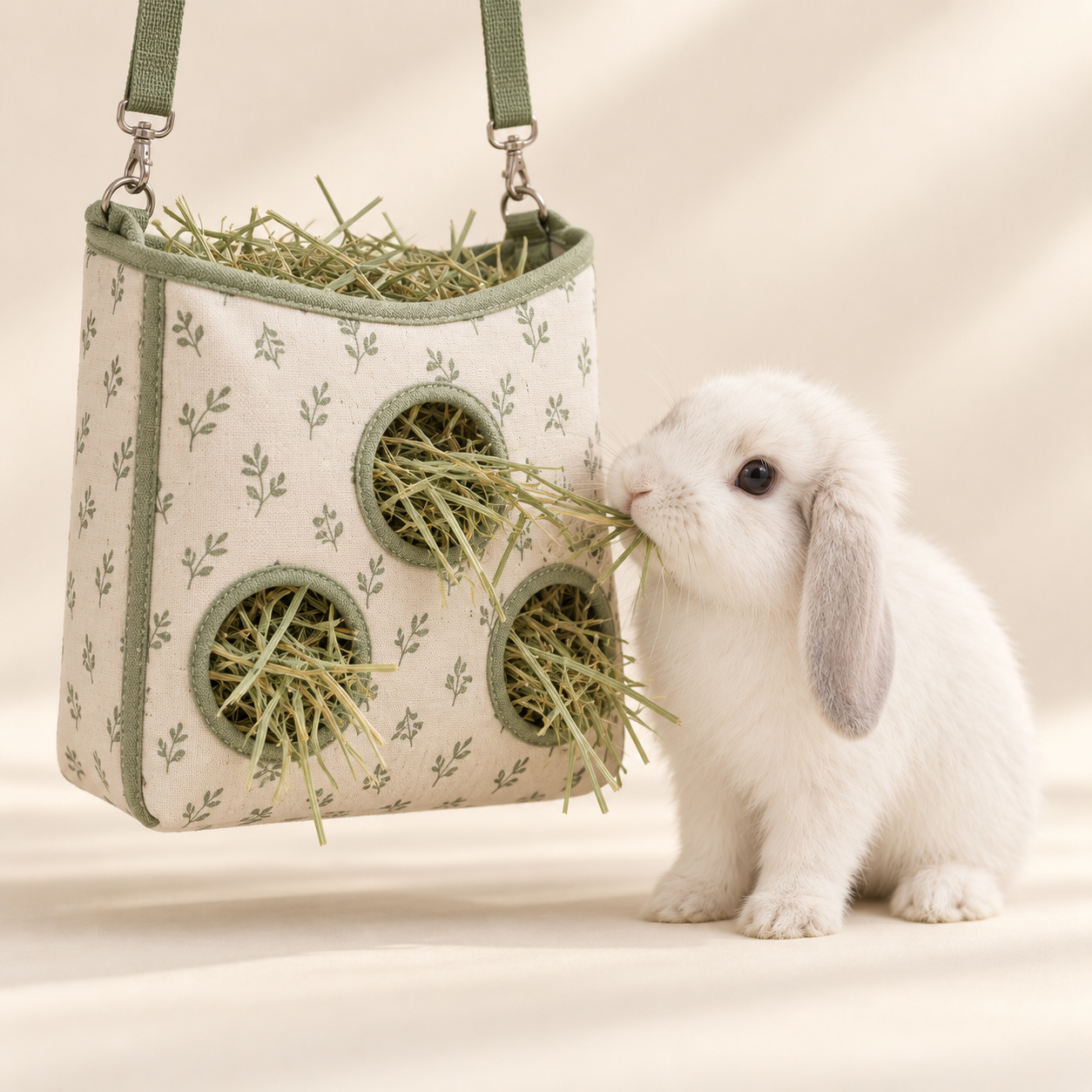 Sac à foin suspendu à trois ouvertures devant un lapin blanc